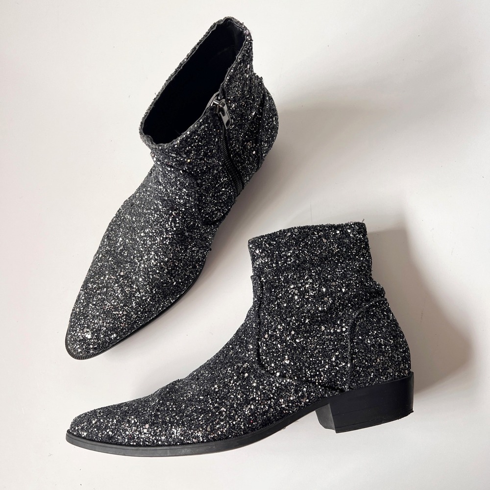 Glitter Chelsea Ankle Boots Sparkly Pointed Toe Rocker Glam Black Silver 9 Women